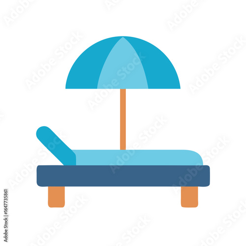 A lounge chair under a beach umbrella on a solid black background