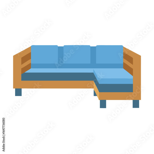 Modern sectional sofa illustration with wooden frame and light blue cushions on black background