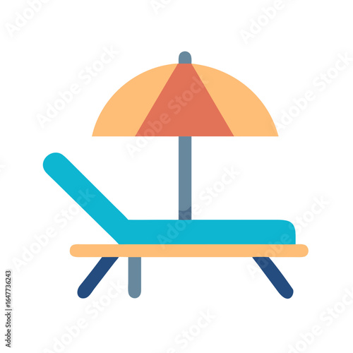 Simplified illustration of beach lounger with parasol against black background, summer icon