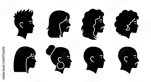Collection of eight diverse black silhouette profiles of people with various hairstyles and haircuts.