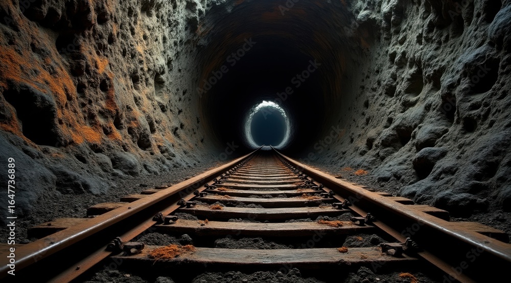 Naklejka premium Dark mine tunnel with light, a railroad track leads into a dimly lit mine shaft with a bright light at the end, symbolizing exploration, resource extraction, and the path to a goal.