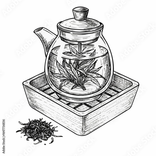 Chinese tea ceremony icon with glass teapot and tea leaves tray  