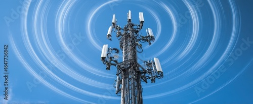 The cell tower rising under circular star trails against a vivid blue sky at night