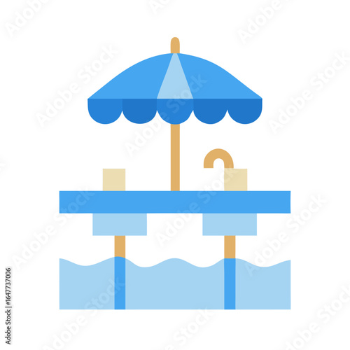 Flat design illustration of seaside pier scene with umbrella in summery colors
