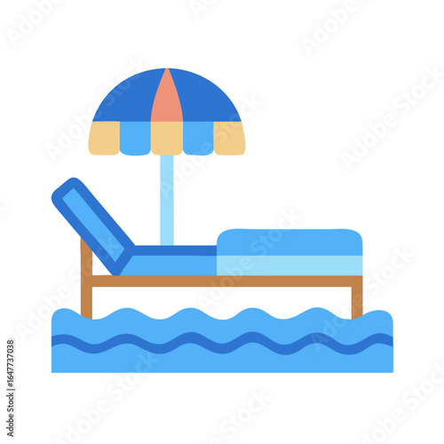 Vector illustration of beach lounger with umbrella on water against black backdrop