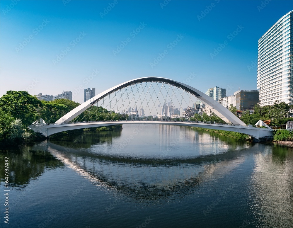 Naklejka premium a contemporary arch bridge spans a calm river connecting parts of a city with buildings and lush green trees visible under a bright sky