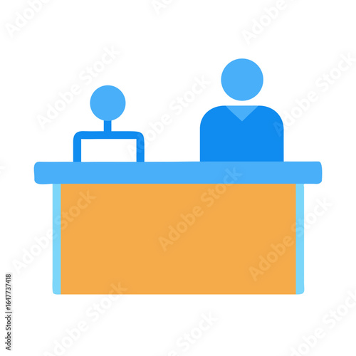 Stylized minimalist reception desk with two figures on a black background