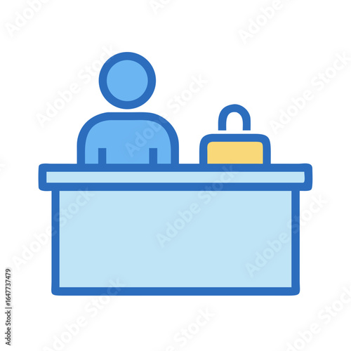 Simple illustration of a person behind a reception desk with a bag