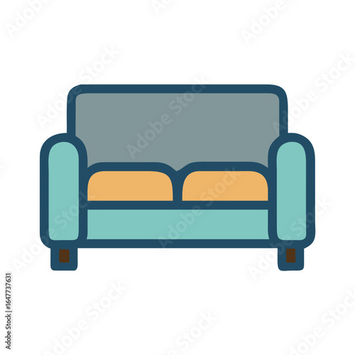 Stylish couch icon in blue and grey with tan cushions on black background