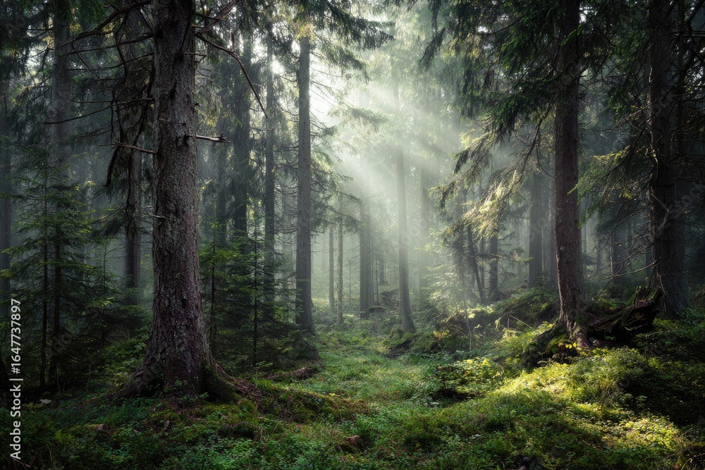 Obraz premium Sunbeams piercing a misty forest (1)