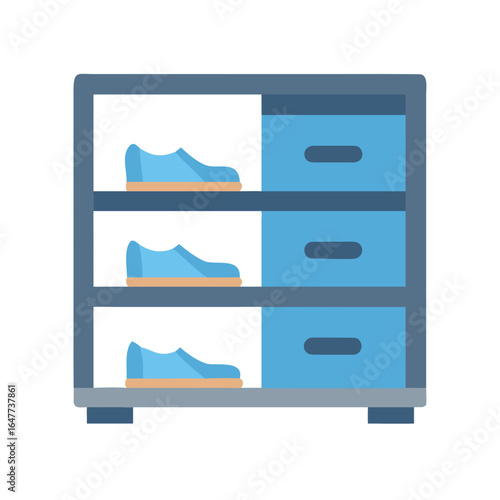 Blue shoe rack filled with shoes and drawers against black background