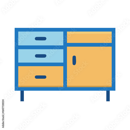 Blue and beige cabinet with drawers and door in flat vector style