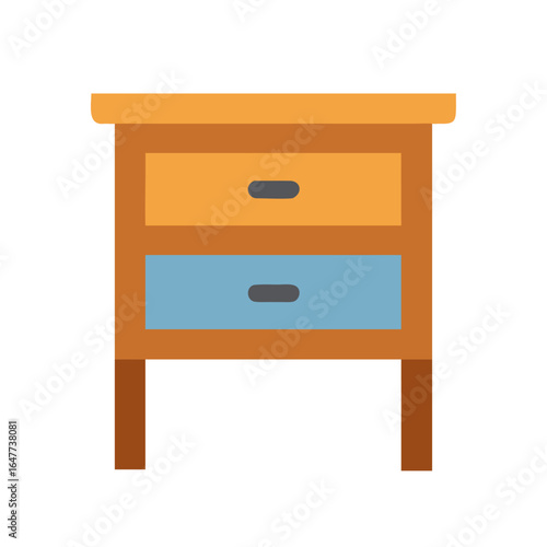 Flat illustration of a two drawer nightstand with light orange and blue