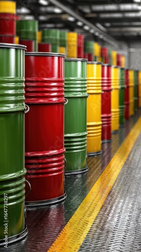 Colorful oil drums arranged in an industrial warehouse during daylight hours