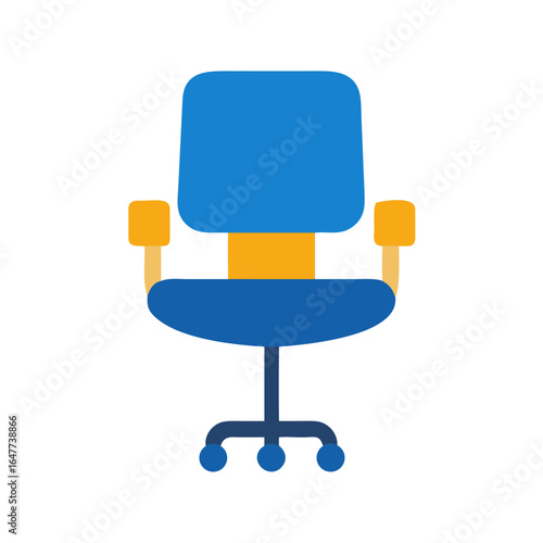 Blue and yellow office chair illustration on a black background, flat style