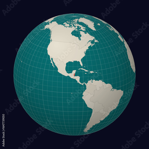 Belize on the map. Globe centered to Belize. Country location on the world map. Teal Pale Mint color palette. Globe with countries, meridians and parallels. Classy vector illustration.