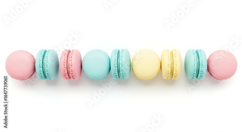 Assorted macarons in pastel colors, arranged in a neat line in the center, isolated on white background with wide margins, delicate and appetizing.