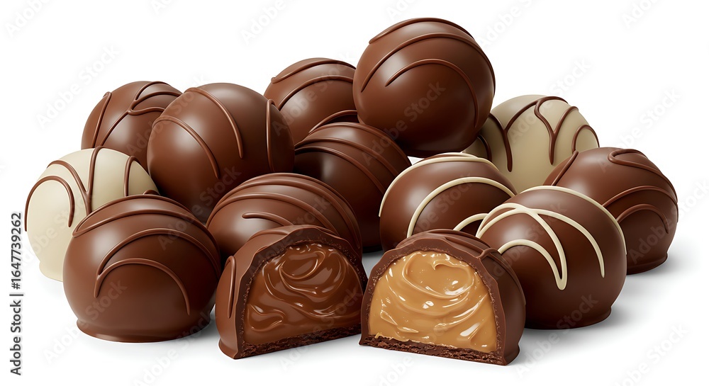Obraz premium Assorted chocolate truffles, some cut to show smooth filling, arranged in the center with wide white margins, glossy and luxurious, realistic photography.
