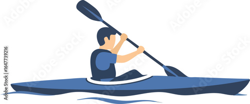 Active man in a kayak paddling on the water, a vector design for sports and outdoor recreation themes.