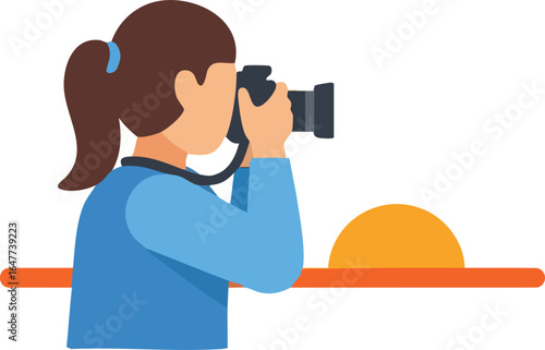 Icon of a female photographer taking a picture of a beautiful sunrise or sunset, symbolizing landscape photography, travel, and creative hobbies