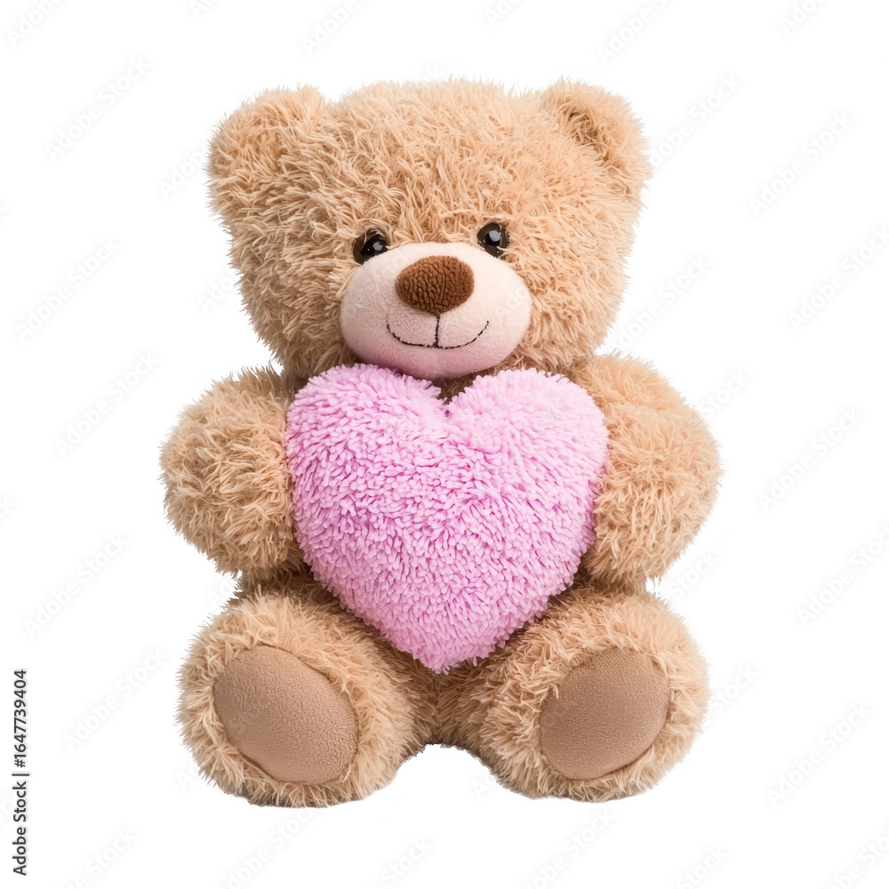Obraz premium Soft teddy bear holding pink heart, symbolizing love and affection. This adorable plush toy is perfect for gifts, decorations, or comforting children