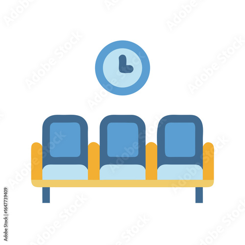 Waiting room chairs and clock icon illustration for website or app