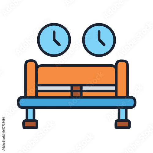 Colorful waiting area with bench and clocks concept for website or app