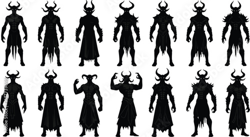 Set of dark horned warrior silhouettes, fantasy demon characters, muscular evil warriors, battle-ready fighters collection, mythical villain vector illustrations, powerful dark heroes