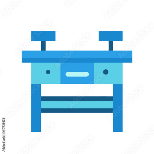 Illustration of blue flat-style workbench with drawers and vises against a black background