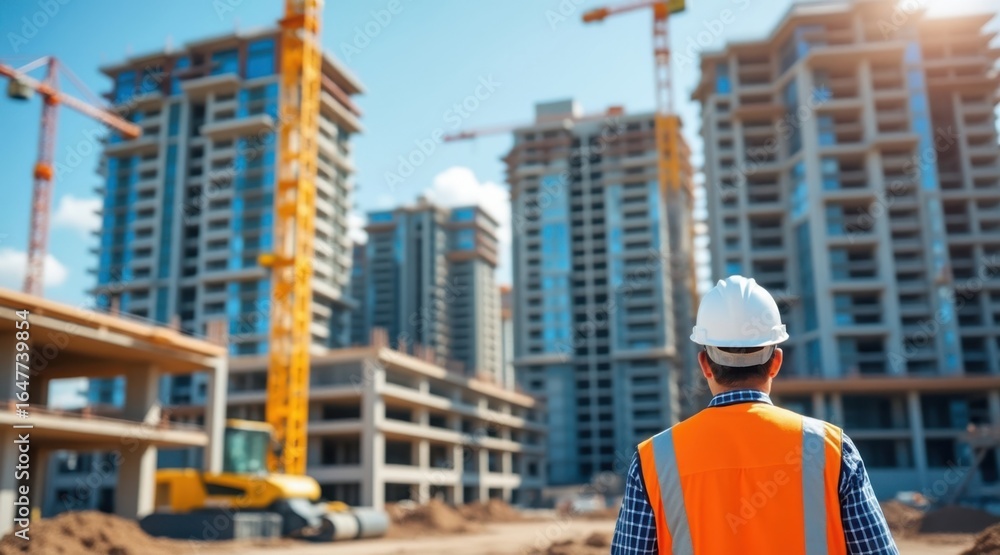 Fototapeta premium Worker overlooks high-rise buildings, a professional in a hard hat looks at a large urban construction site, symbolizing large-scale urban development and modern city growth.