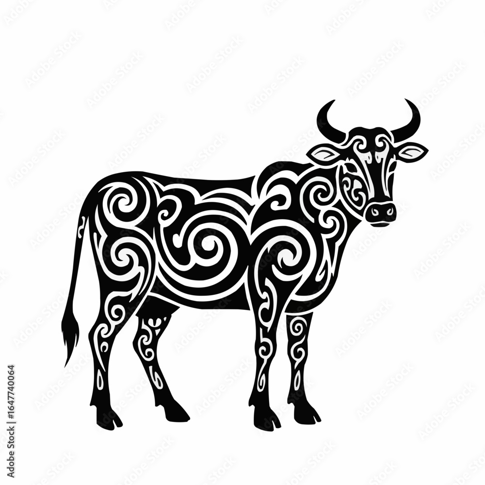 Fototapeta premium Cow silhouette with decorative patterns in black and white 