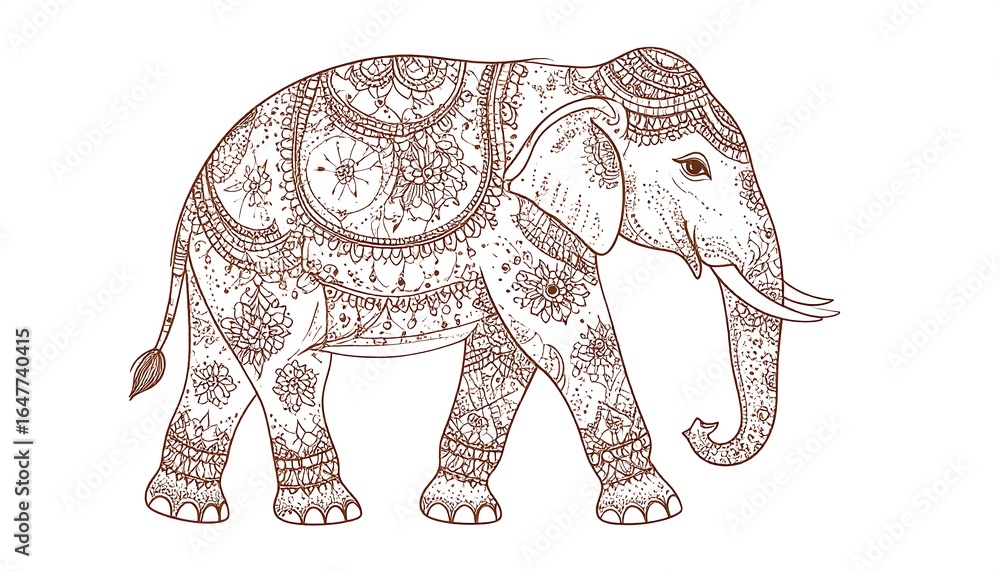 Naklejka premium Ornate Elephant with Intricate Floral Patterns in Line Art Style
