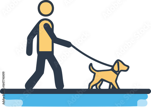 Minimalist icon depicting a person walking with a pet dog on a leash, illustrating concepts of animal care, friendship, and outdoor recreation.