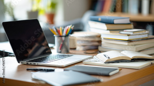 Productivity at a home office or in a library space with a laptop and a pile of books. A neat workspace with a computer, textbooks, and various stationery ready for work or study