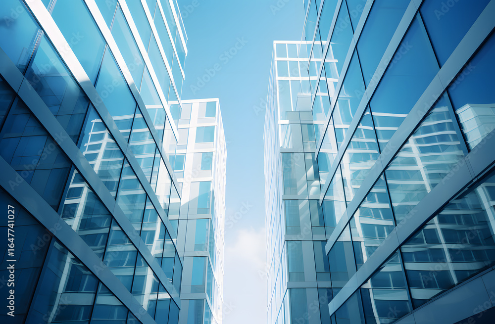 Obraz premium Modern glass skyscrapers reflecting blue sky and sunlight
