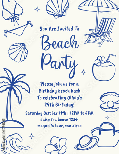 Hand drawn beach party invitation. Seashells, bikini, palm tree, beach umbrella, coconut drink, waves, hibiscus flower, sun hat, beach bag, tropical summer elements. Vector doodle illustration.