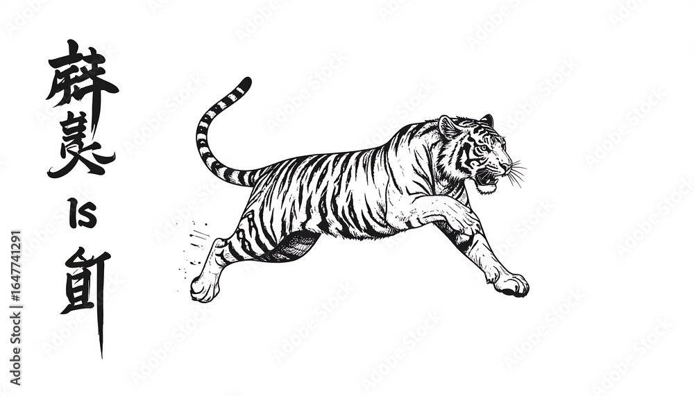 Obraz premium Monochrome Bengal Tiger Leaping with Chinese Characters Symbolizing Power and Strength