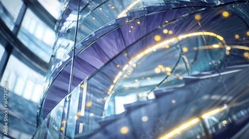 Glass spiral staircase ascending in futuristic building, lights in background, for architectural design