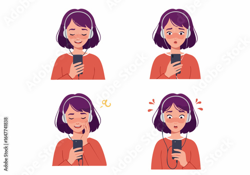 Young woman reacting to embarrassing content on smartphone with headphones, showing various expressions.