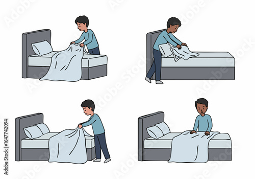 Four-panel illustration of a young boy making his bed, showing the process of daily chores and domestic tasks in a home setting.