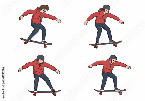 Set of diverse illustrations featuring young people skateboarding, showing various stances and gear, perfect for urban sports concepts.
