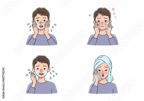 Illustration of a person experiencing skin irritation, facial redness, and discomfort during or after a skincare routine.