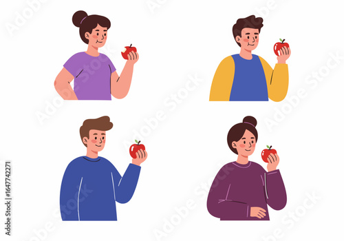 Smiling cartoon people happily holding and eating red apples, symbolizing healthy lifestyle, fresh fruit, and good nutrition.