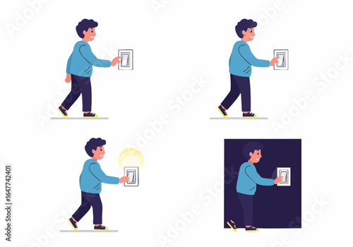 Young Man Turning Light On and Off Sequence: From Brightness to Darkness, Energy Control Illustration.