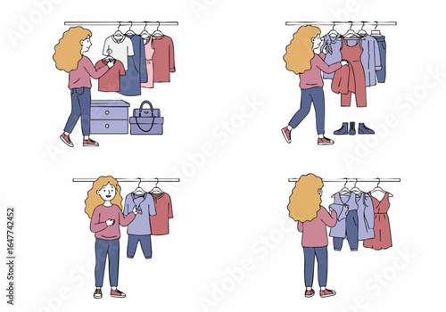 Illustration of a woman choosing and organizing her wardrobe, depicting various stages of selecting outfits for her daily lifestyle.