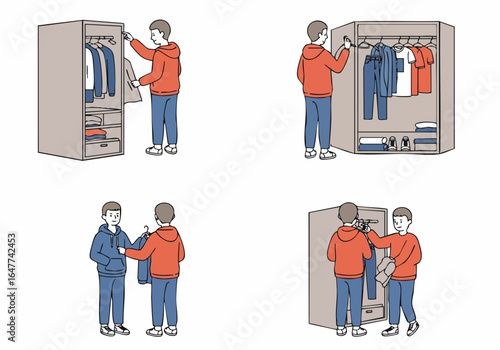 Illustration of a person organizing clothes in a wardrobe, demonstrating efficient closet storage and fashion choices.