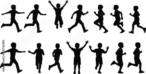 Silhouettes of boys running, jumping, playing outdoors, active children vector set, energetic kids silhouettes, dynamic movement, childhood fun, sports activity illustration