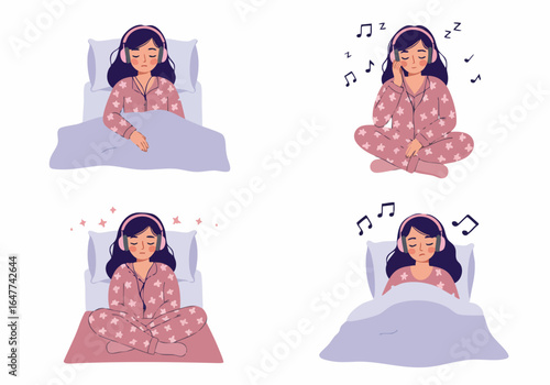 Young woman in pajamas using headphones for sleep, relaxation, and peaceful bedtime routines, listening to soothing music, audiobooks, or podcasts for calm and dreaming.