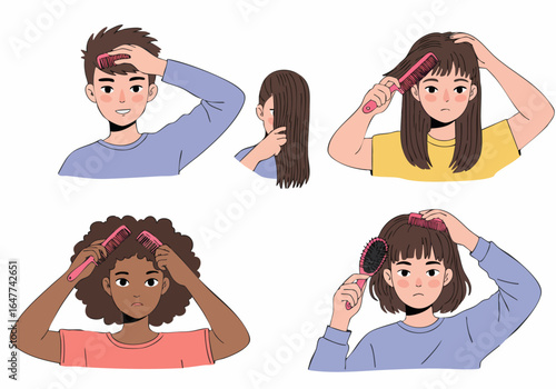 Illustrations of diverse individuals showing hair care routines and common hair problems like tangles and hair loss.
