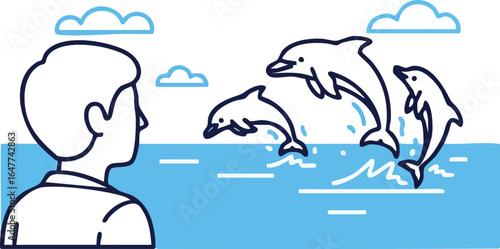 A man observes the graceful spectacle of wild dolphins leaping from the ocean waves, an illustrative concept of marine life encounter and natural beauty.